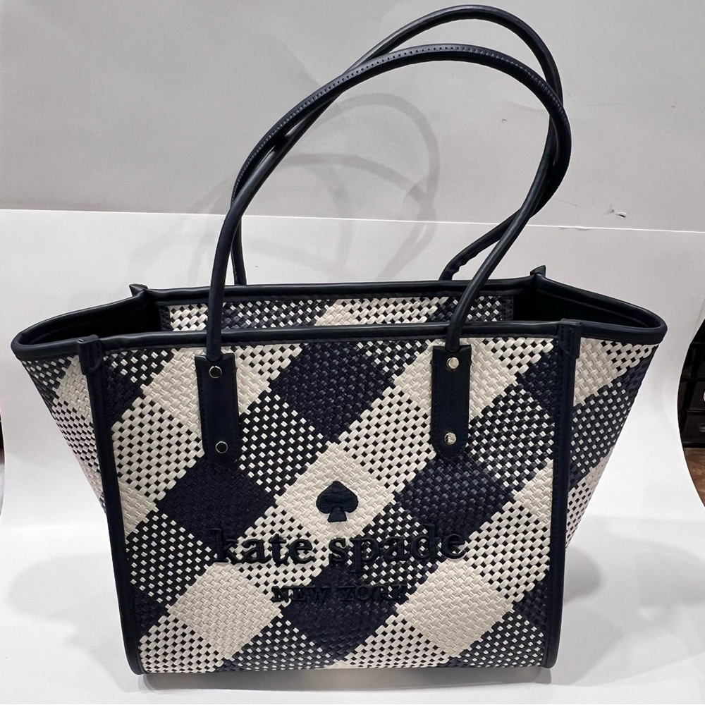 Kate Spade Ella Navy and White Checkered Woven Tote Bag medium like new.